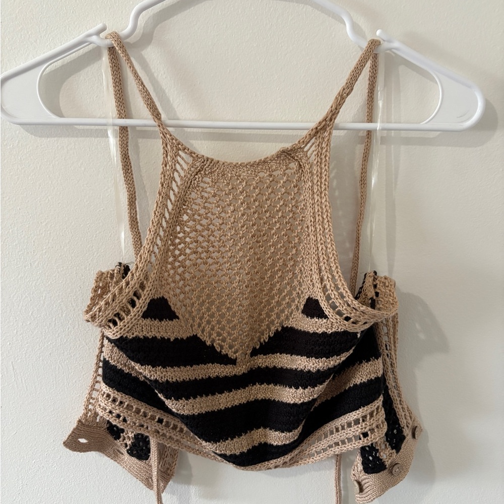 Crochet Striped Tan and Black Top